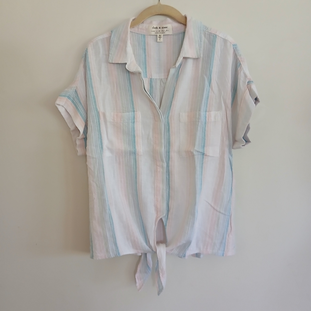 ANTHROPOLOGIE CLOTH & STONE LIYA STRIPED TIE FRONT TOP SIZE LARGE - Picture 2 of 7